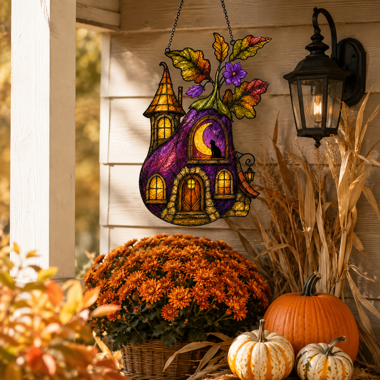 Purple Witch Cottage with Crescent Moon Holographic Acrylic Suncatcher