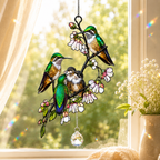 Hummingbird Family & Cherry Blossom Holographic Acrylic Suncatcher