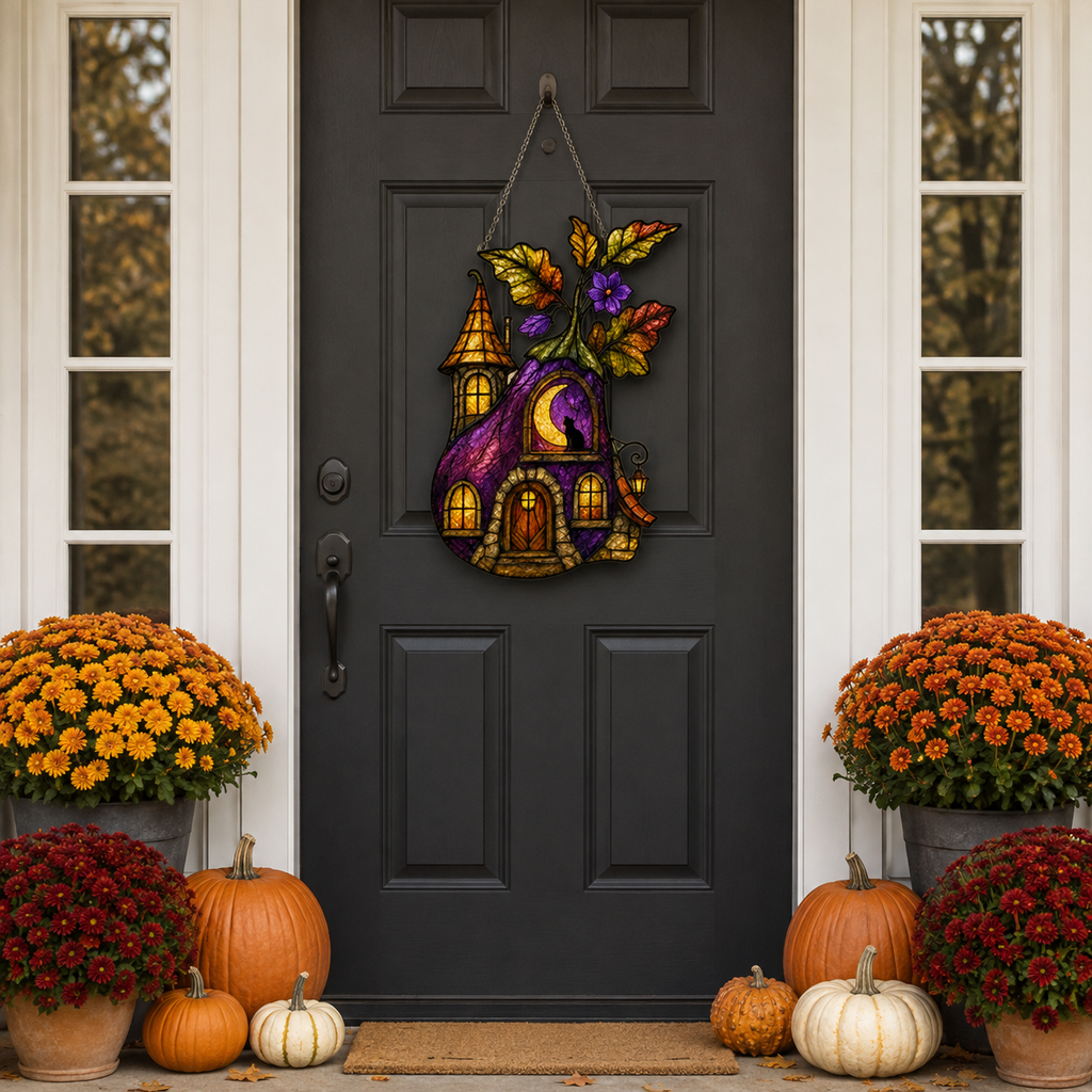 Purple Witch Cottage with Crescent Moon Holographic Acrylic Suncatcher