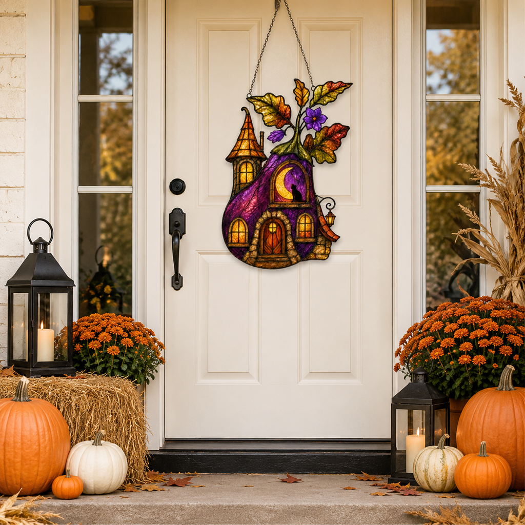 Purple Witch Cottage with Crescent Moon Holographic Acrylic Suncatcher