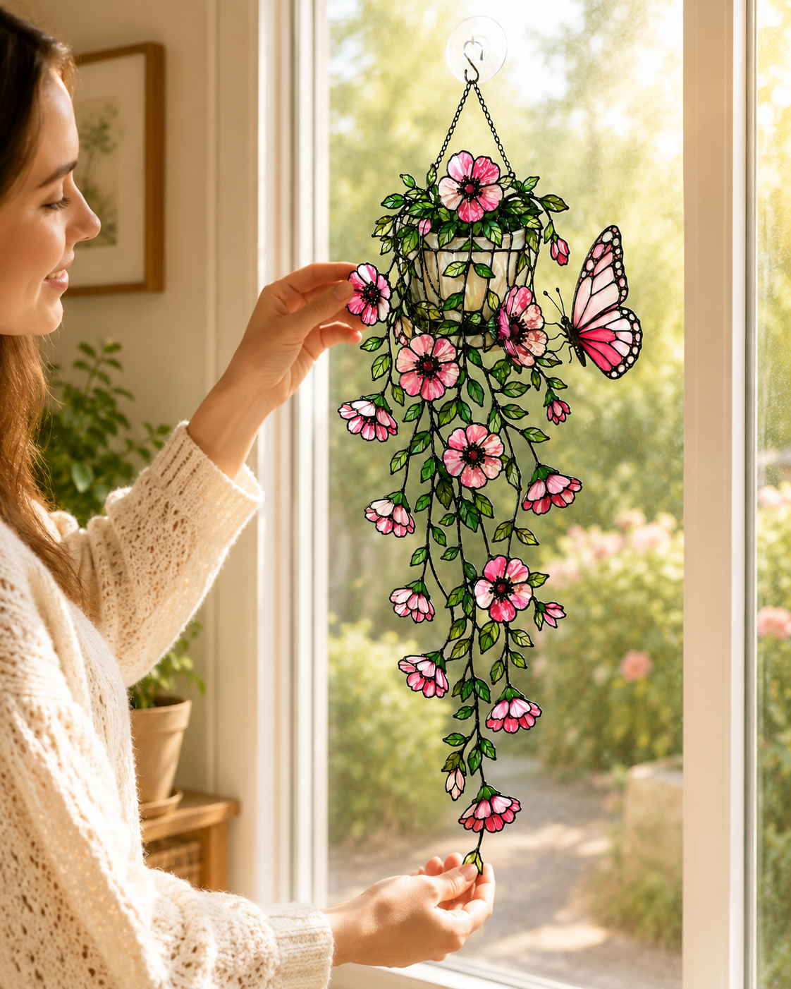 Pink Flower Basket & Butterfly Holographic Acrylic Suncatcher