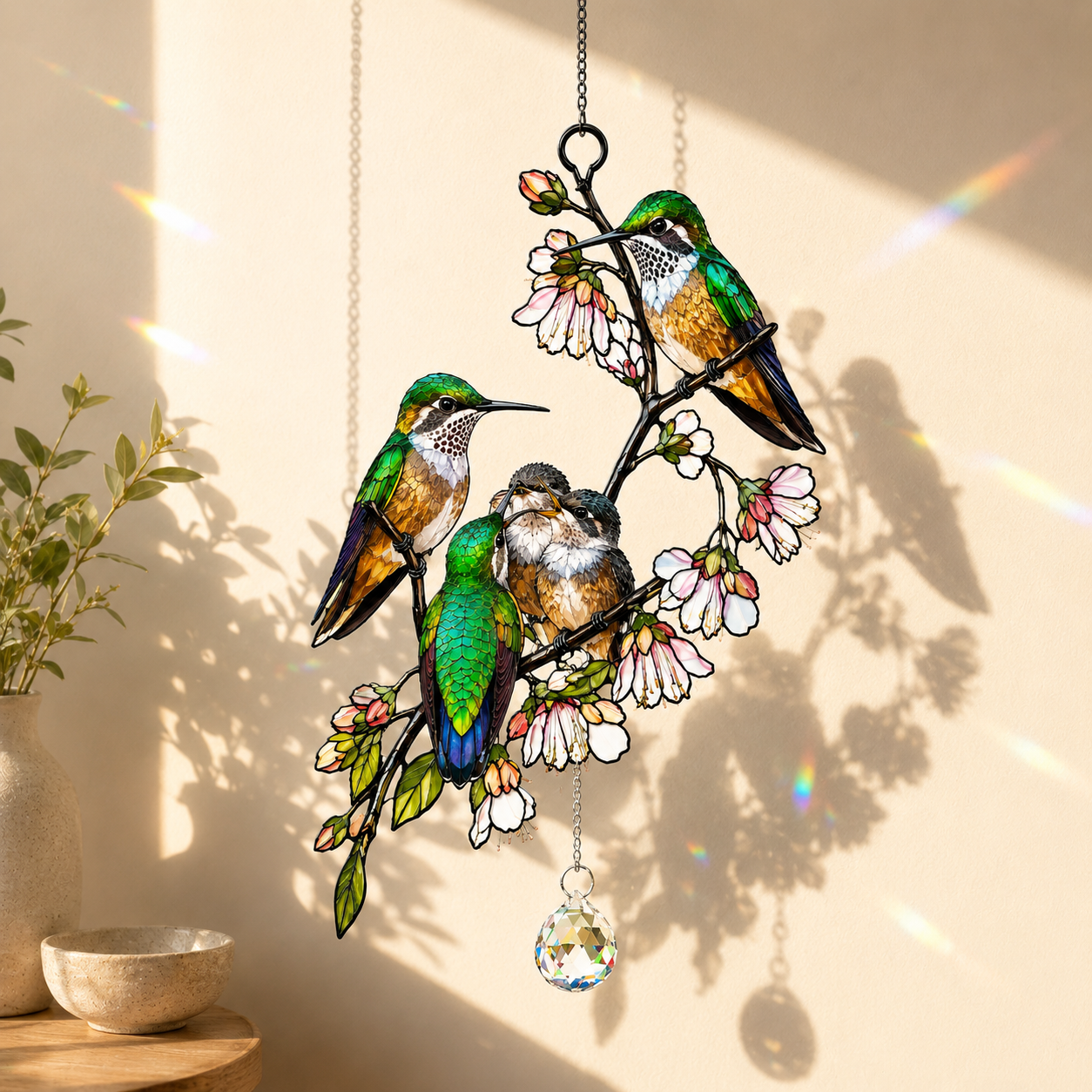 Hummingbird Family & Cherry Blossom Holographic Acrylic Suncatcher