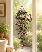 Pink Flower Basket & Butterfly Holographic Acrylic Suncatcher