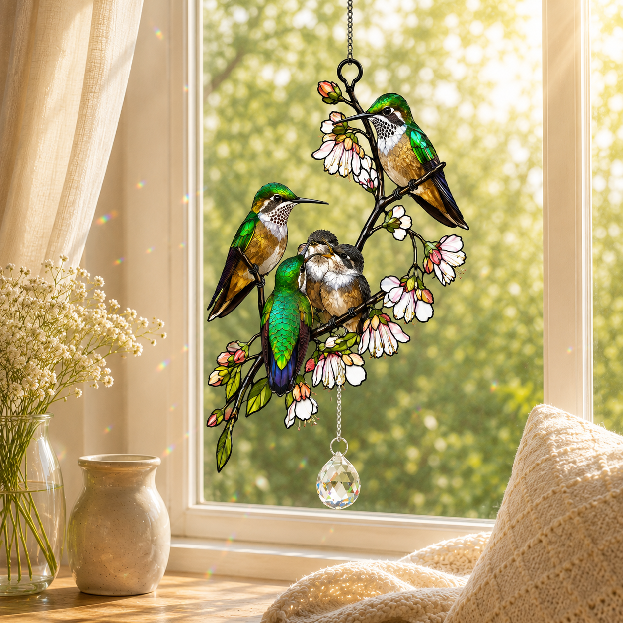 Hummingbird Family & Cherry Blossom Holographic Acrylic Suncatcher