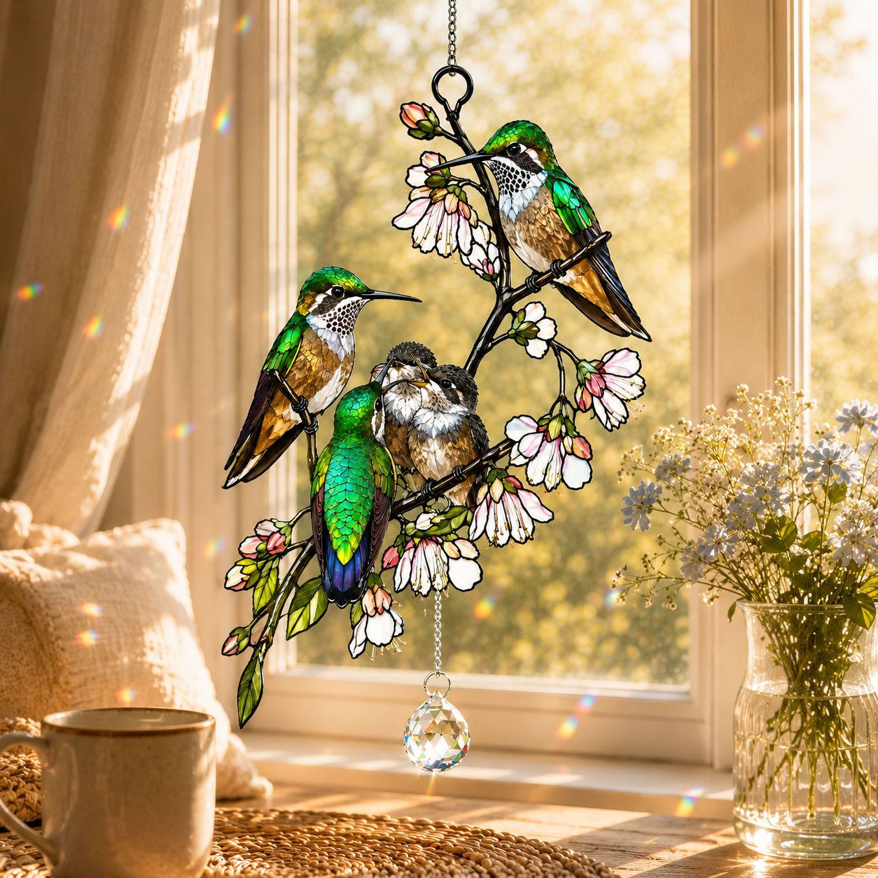 Hummingbird Family & Cherry Blossom Holographic Acrylic Suncatcher