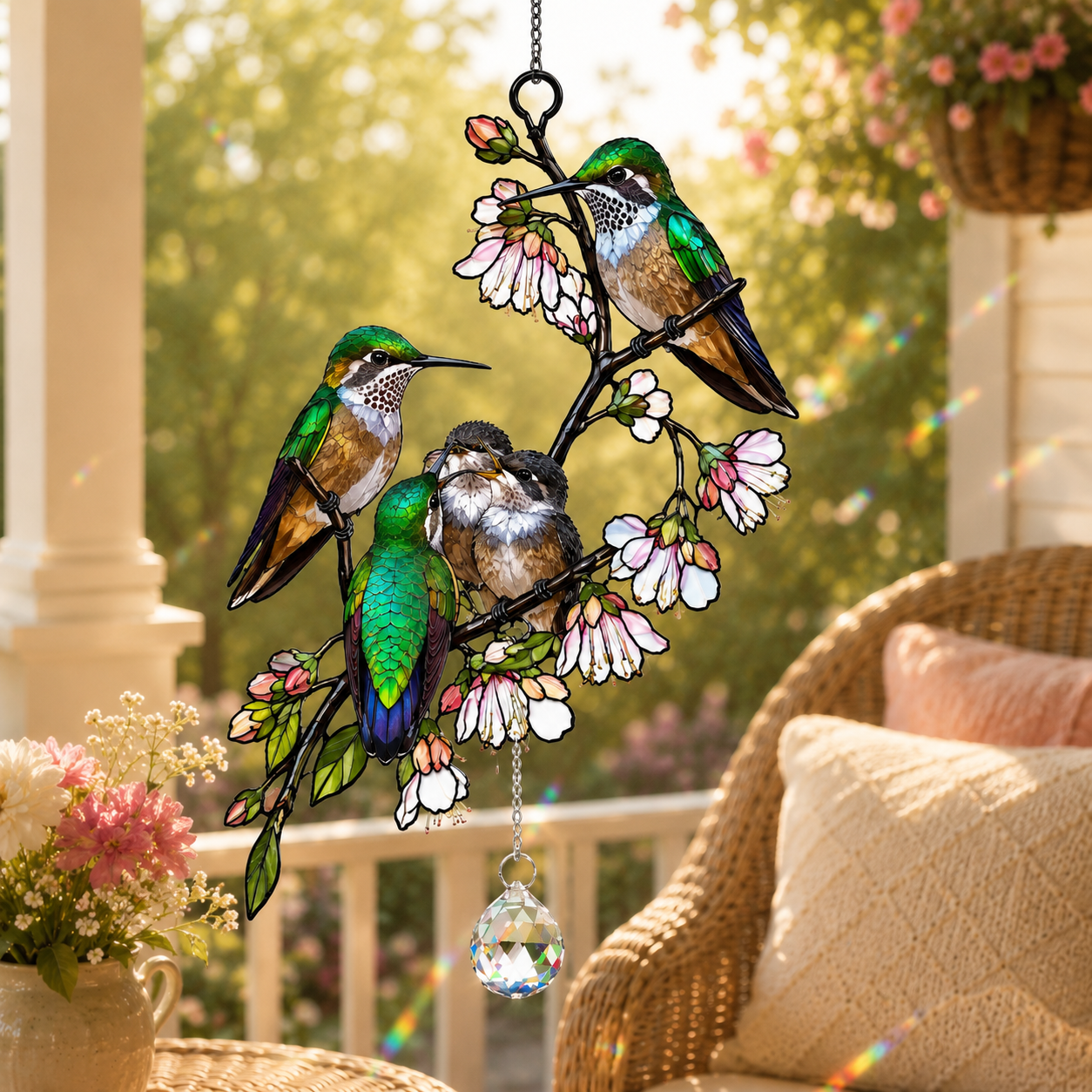 Hummingbird Family & Cherry Blossom Holographic Acrylic Suncatcher