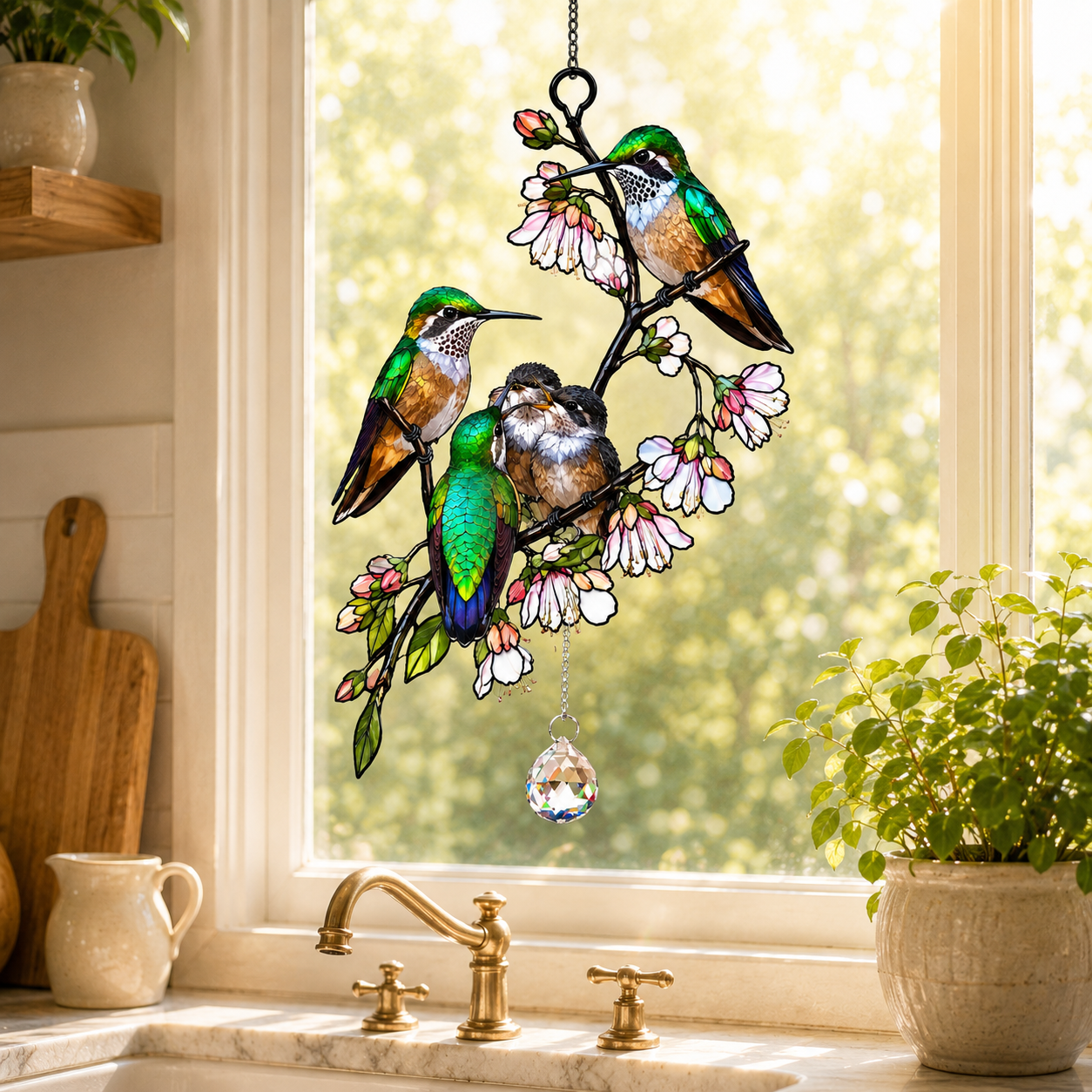 Hummingbird Family & Cherry Blossom Holographic Acrylic Suncatcher
