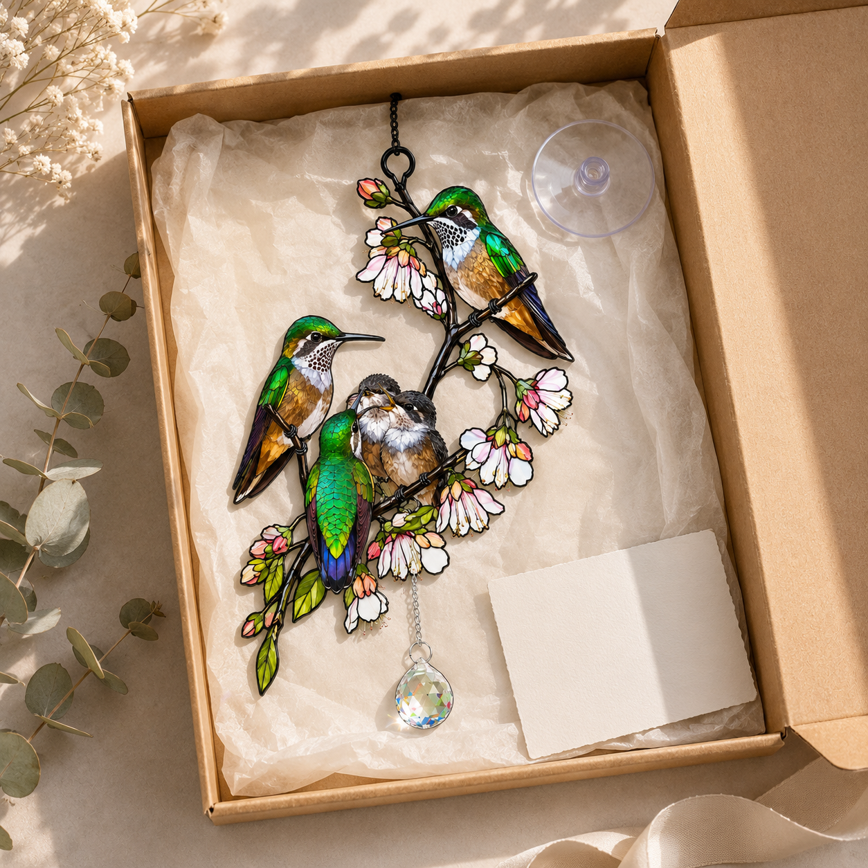 Hummingbird Family & Cherry Blossom Holographic Acrylic Suncatcher