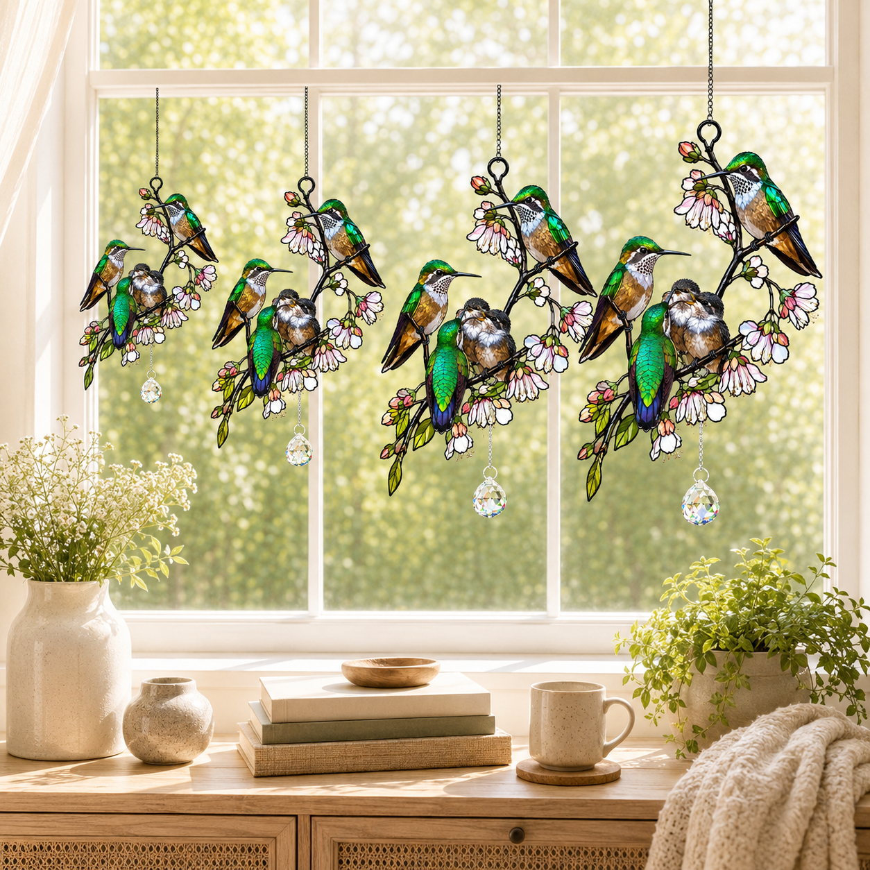 Hummingbird Family & Cherry Blossom Holographic Acrylic Suncatcher