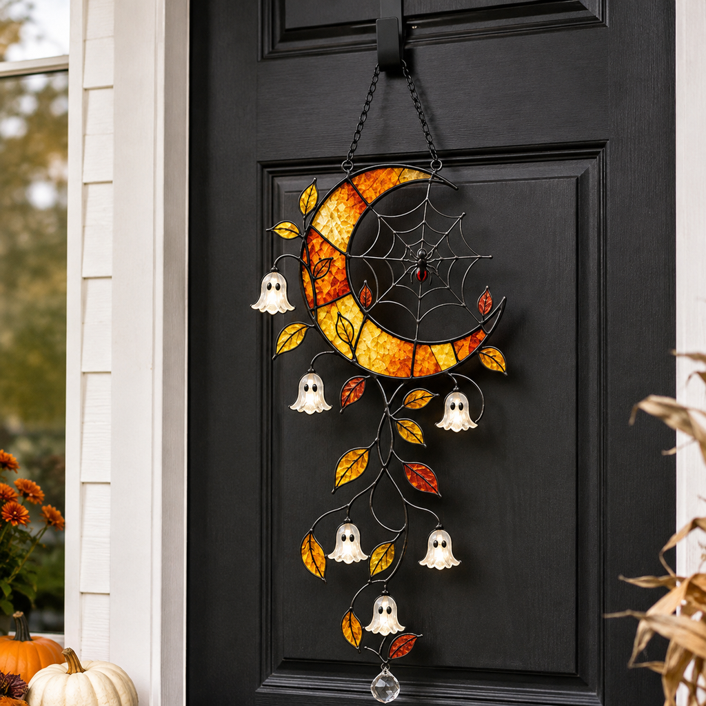 Crescent Moon Ghost Blossom & Spider Web Holographic Acrylic Suncatcher
