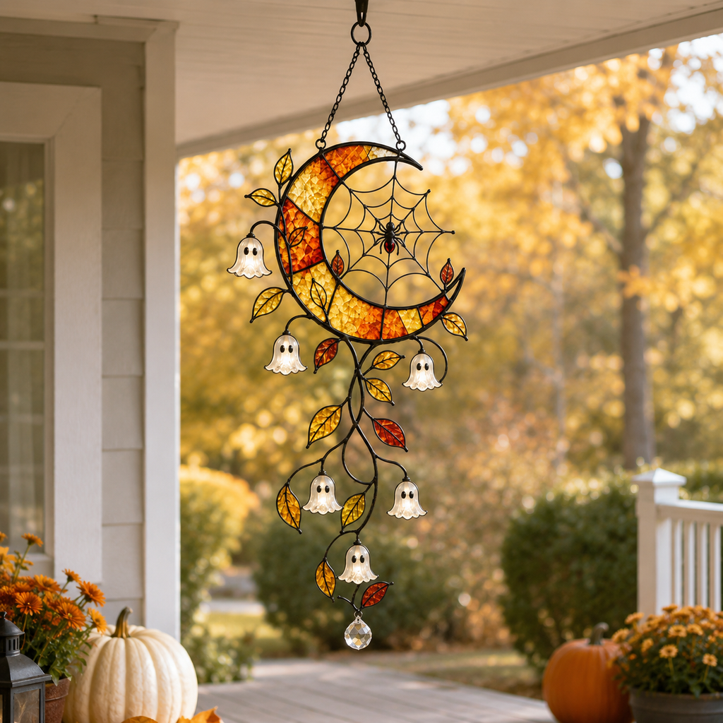 Crescent Moon Ghost Blossom & Spider Web Holographic Acrylic Suncatcher