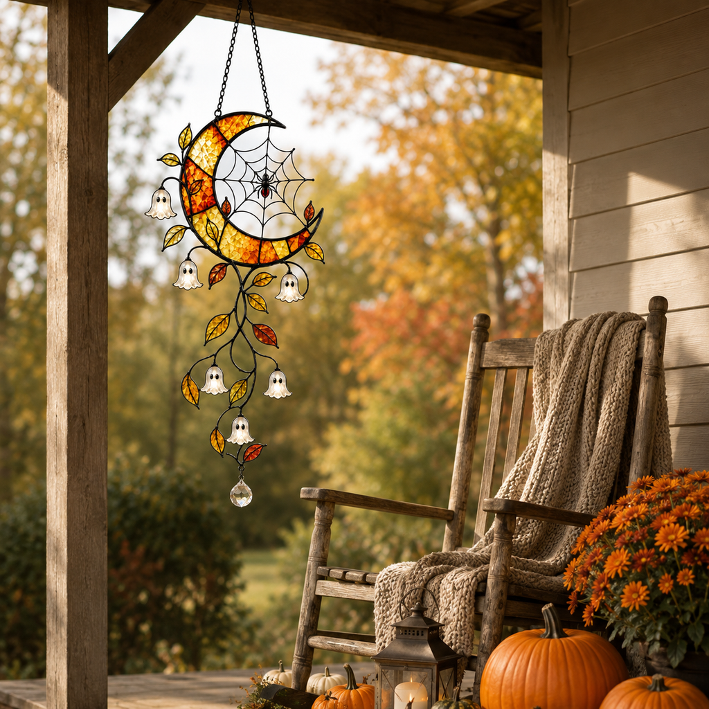 Crescent Moon Ghost Blossom & Spider Web Holographic Acrylic Suncatcher