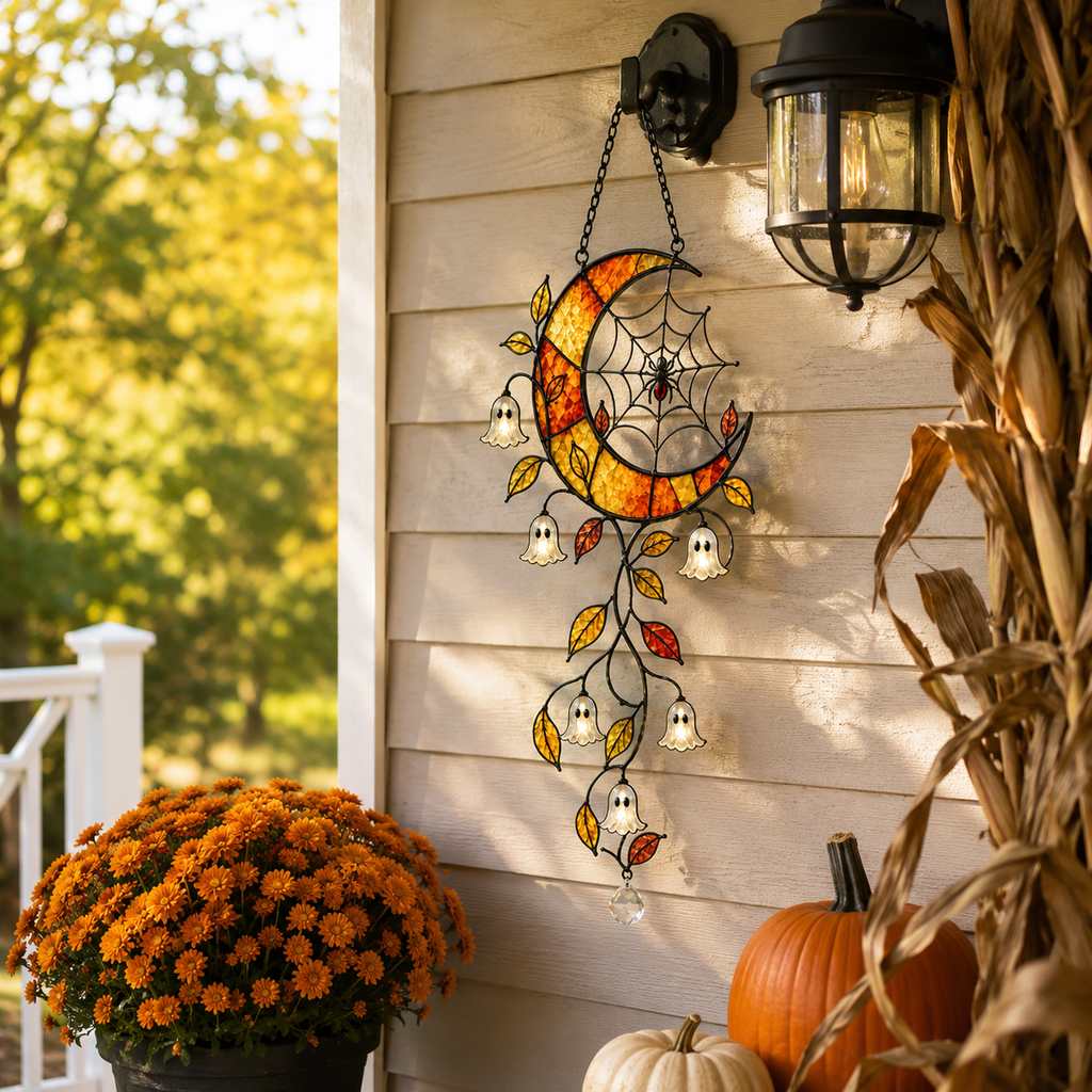 Crescent Moon Ghost Blossom & Spider Web Holographic Acrylic Suncatcher