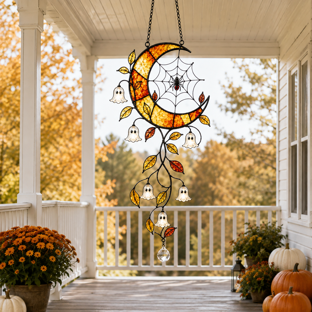 Crescent Moon Ghost Blossom & Spider Web Holographic Acrylic Suncatcher