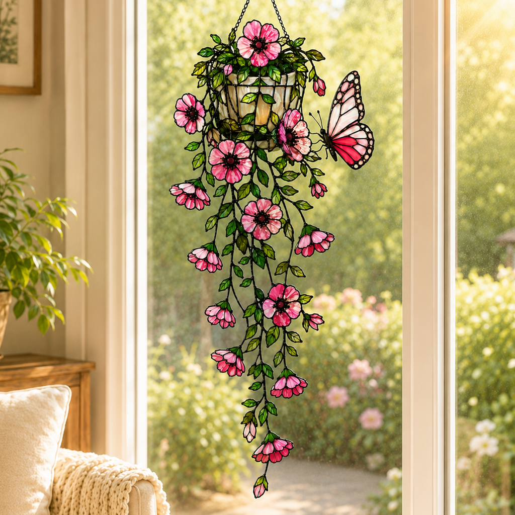 Pink Flower Basket & Butterfly Holographic Acrylic Suncatcher