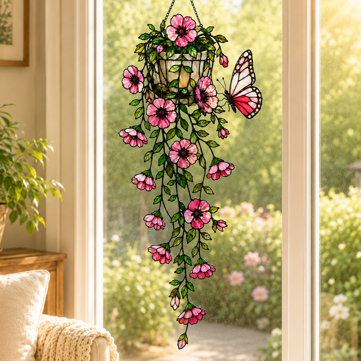 Pink Flower Basket & Butterfly Holographic Acrylic Suncatcher