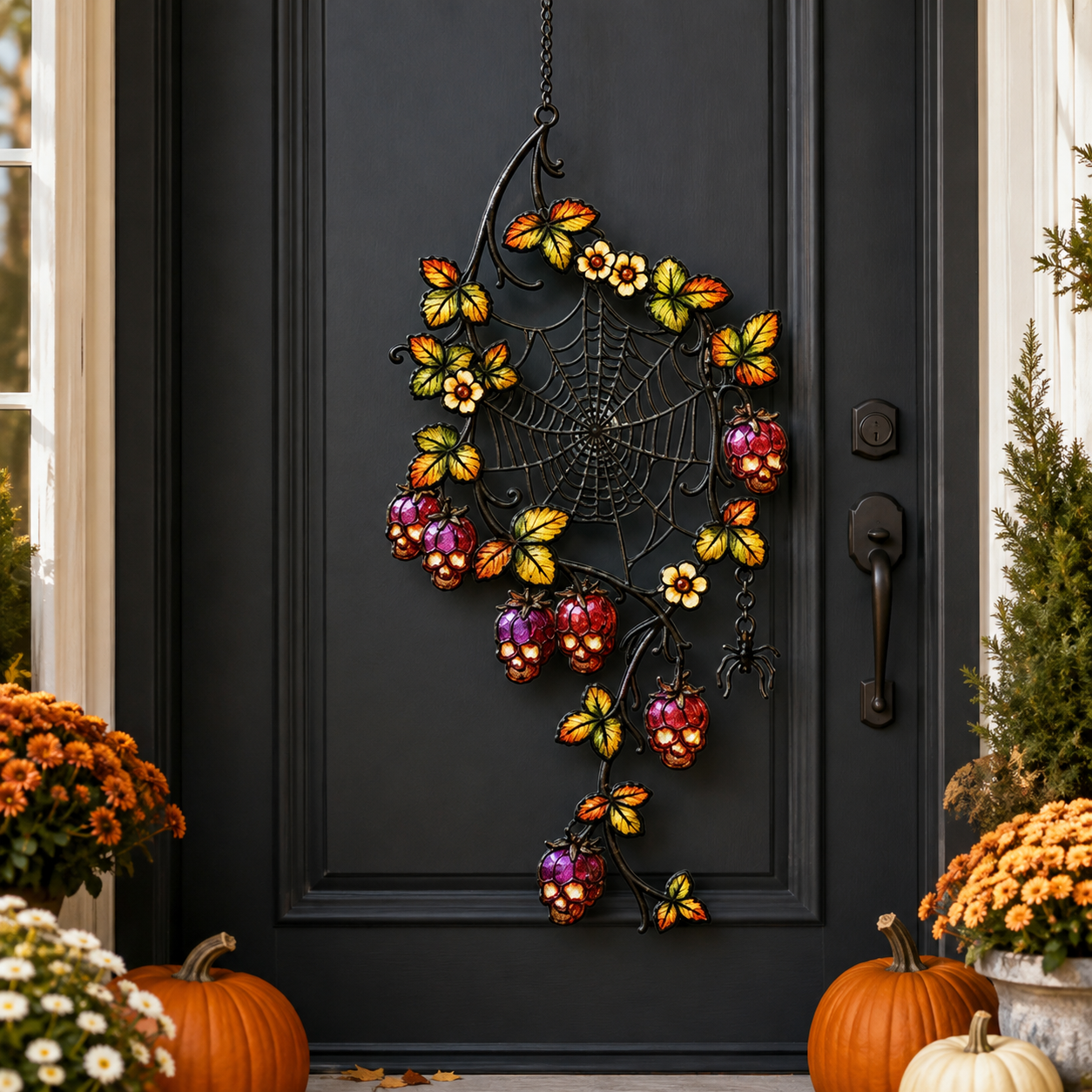 Spider Web with Autumn Berries Holographic Acrylic Suncatcher