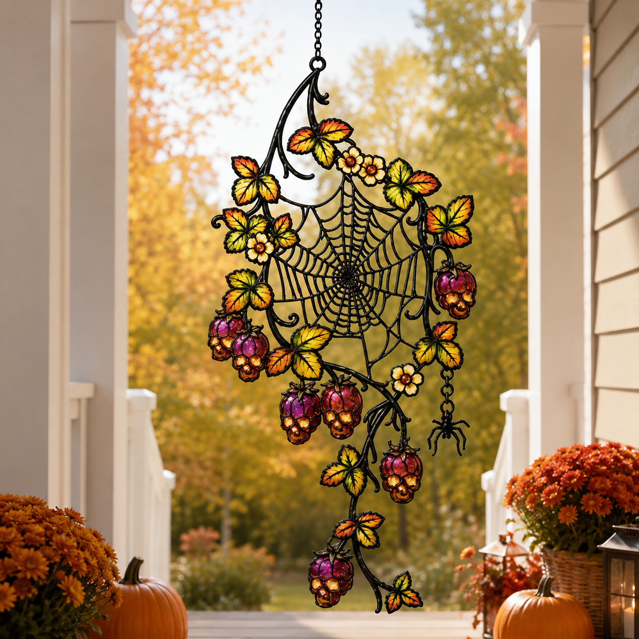 Spider Web with Autumn Berries Holographic Acrylic Suncatcher