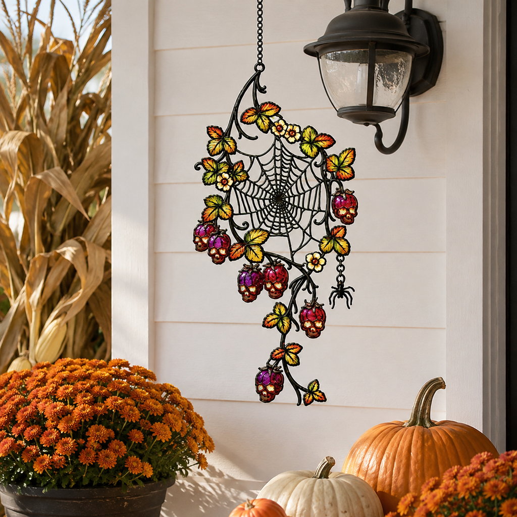 Spider Web with Autumn Berries Holographic Acrylic Suncatcher