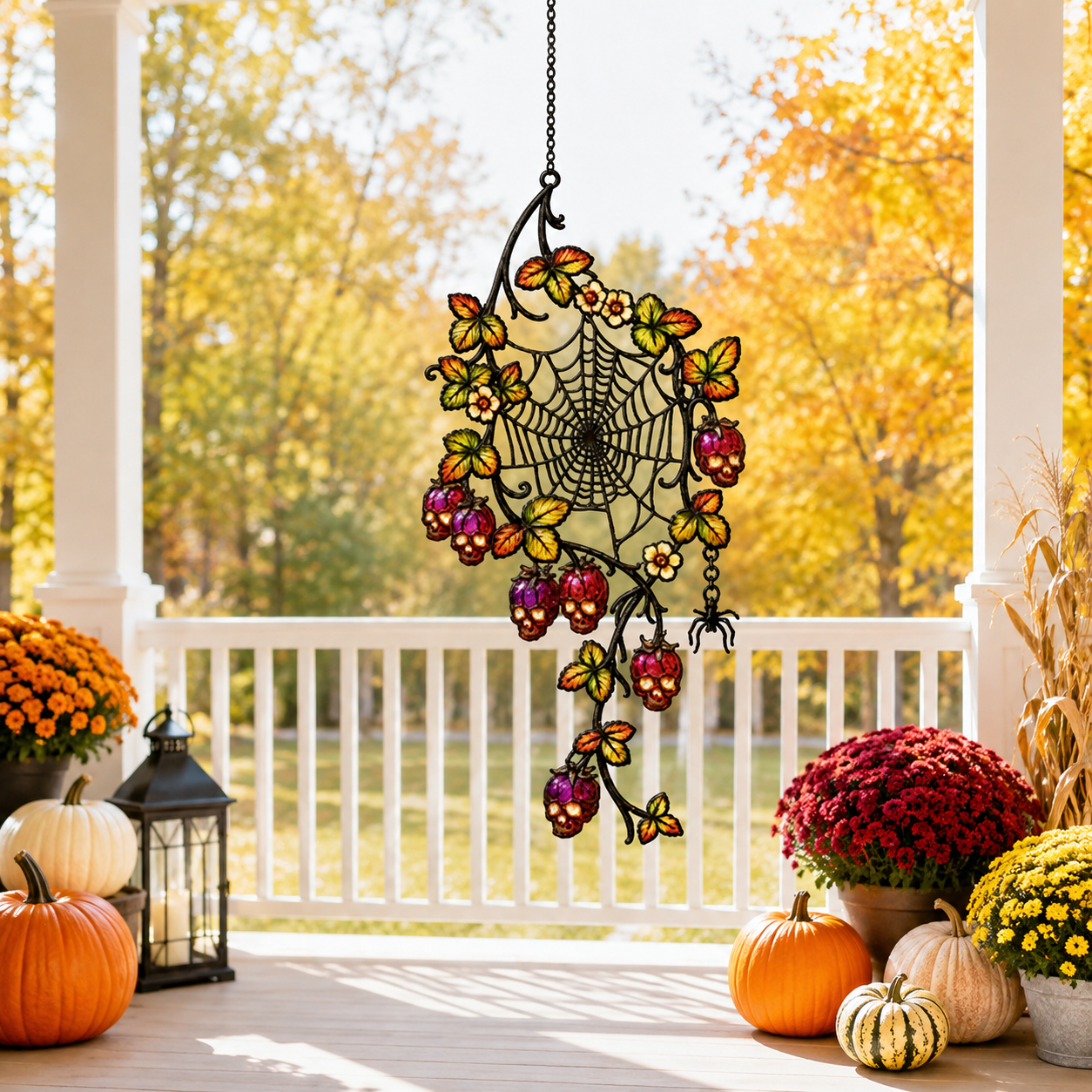 Spider Web with Autumn Berries Holographic Acrylic Suncatcher