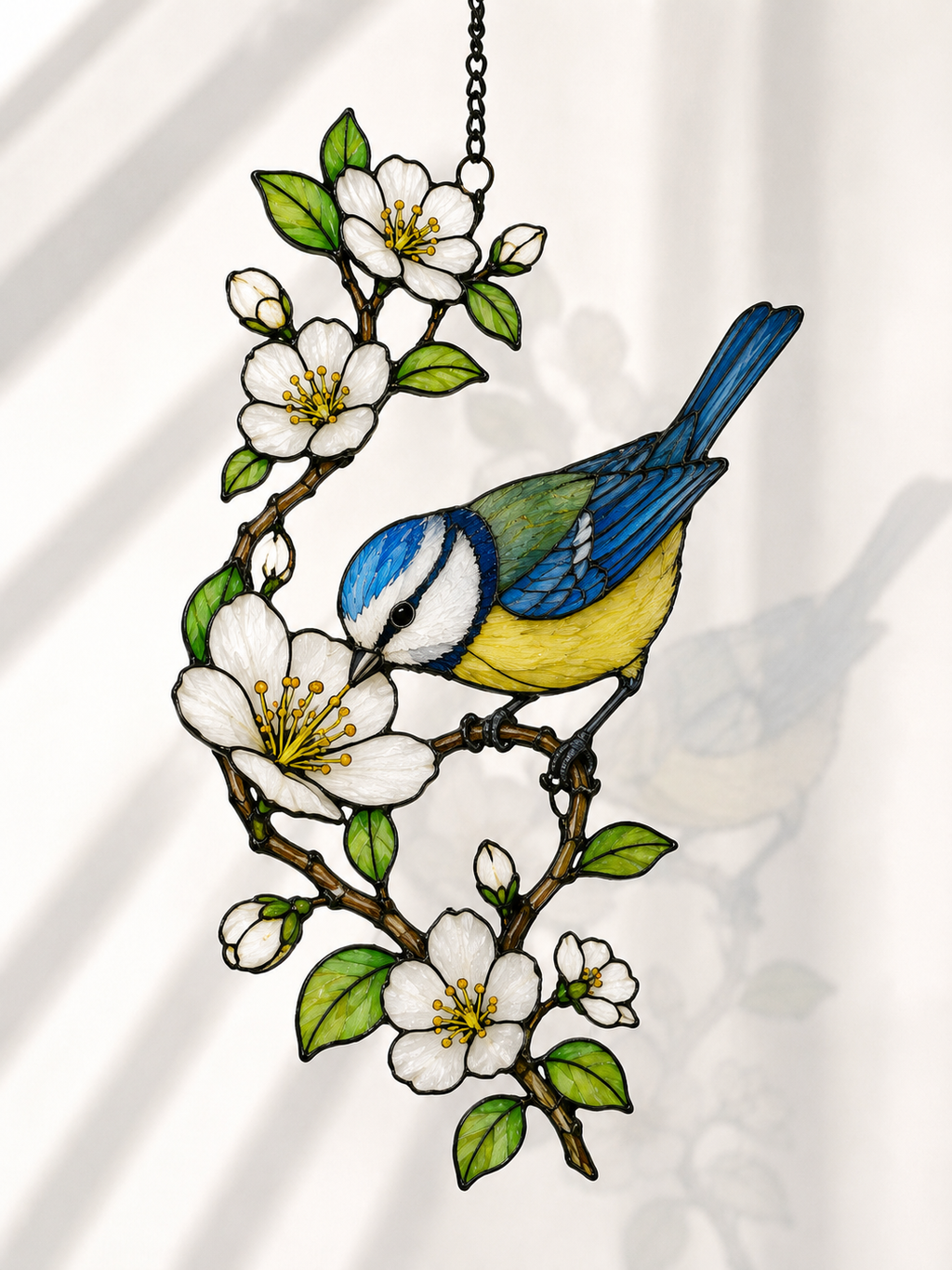 Blue Tit & Blossom Holographic Acrylic Suncatcher