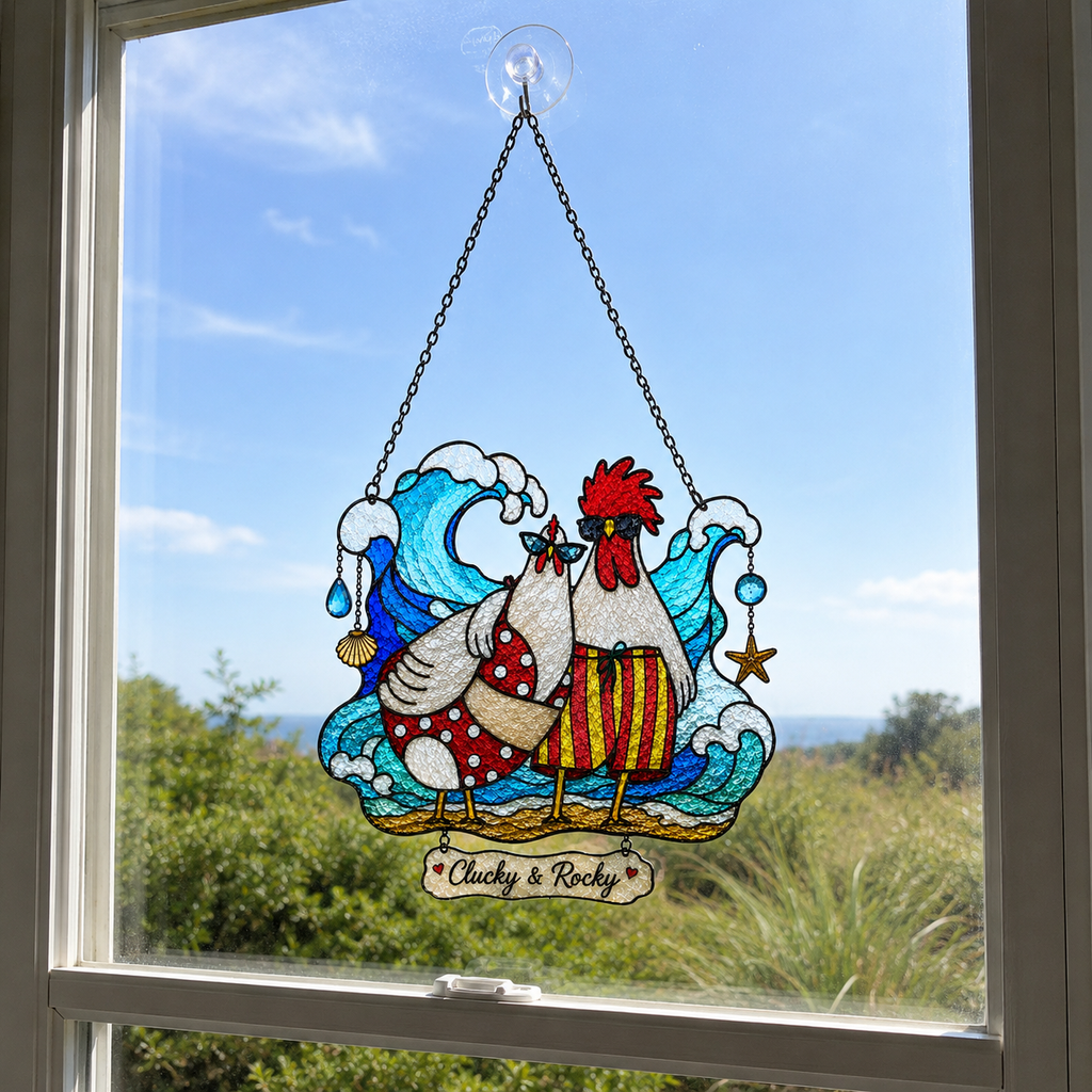 Personalized Beach Chicken Couple Holographic Acrylic Suncatcher