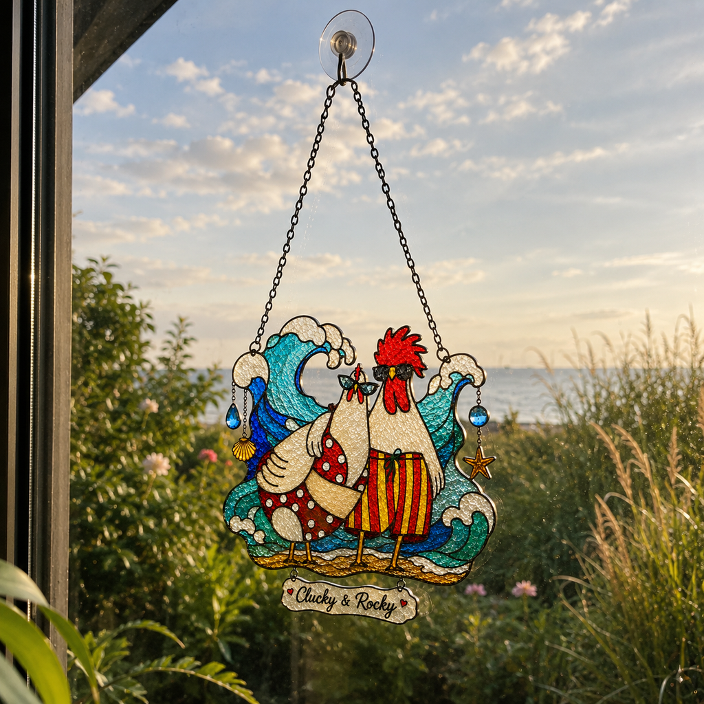 Personalized Beach Chicken Couple Holographic Acrylic Suncatcher