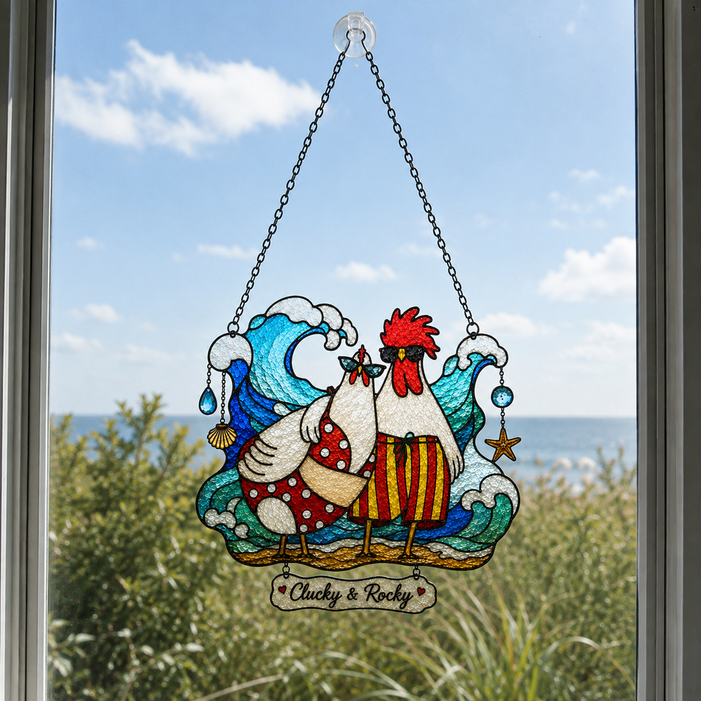 Personalized Beach Chicken Couple Holographic Acrylic Suncatcher