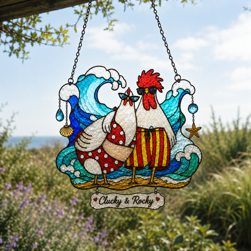 Personalized Beach Chicken Couple Holographic Acrylic Suncatcher