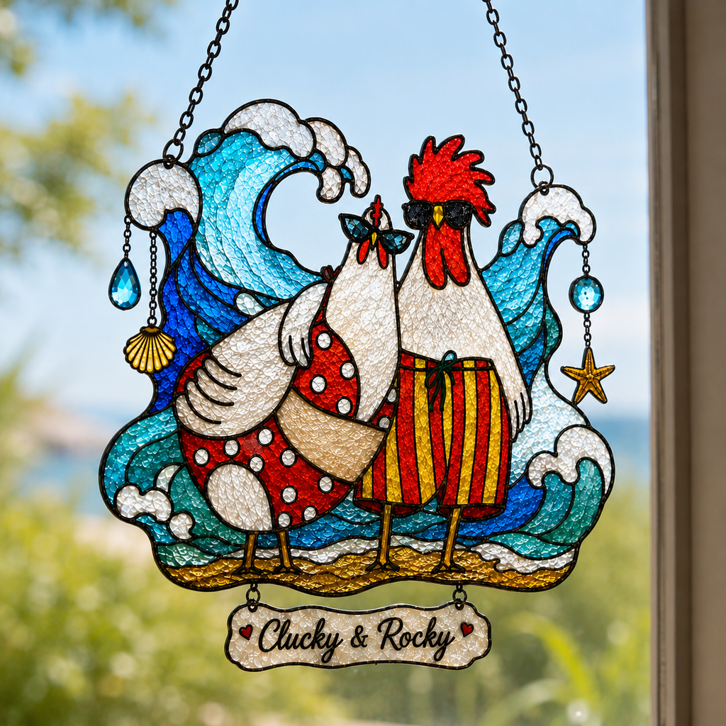 Personalized Beach Chicken Couple Holographic Acrylic Suncatcher