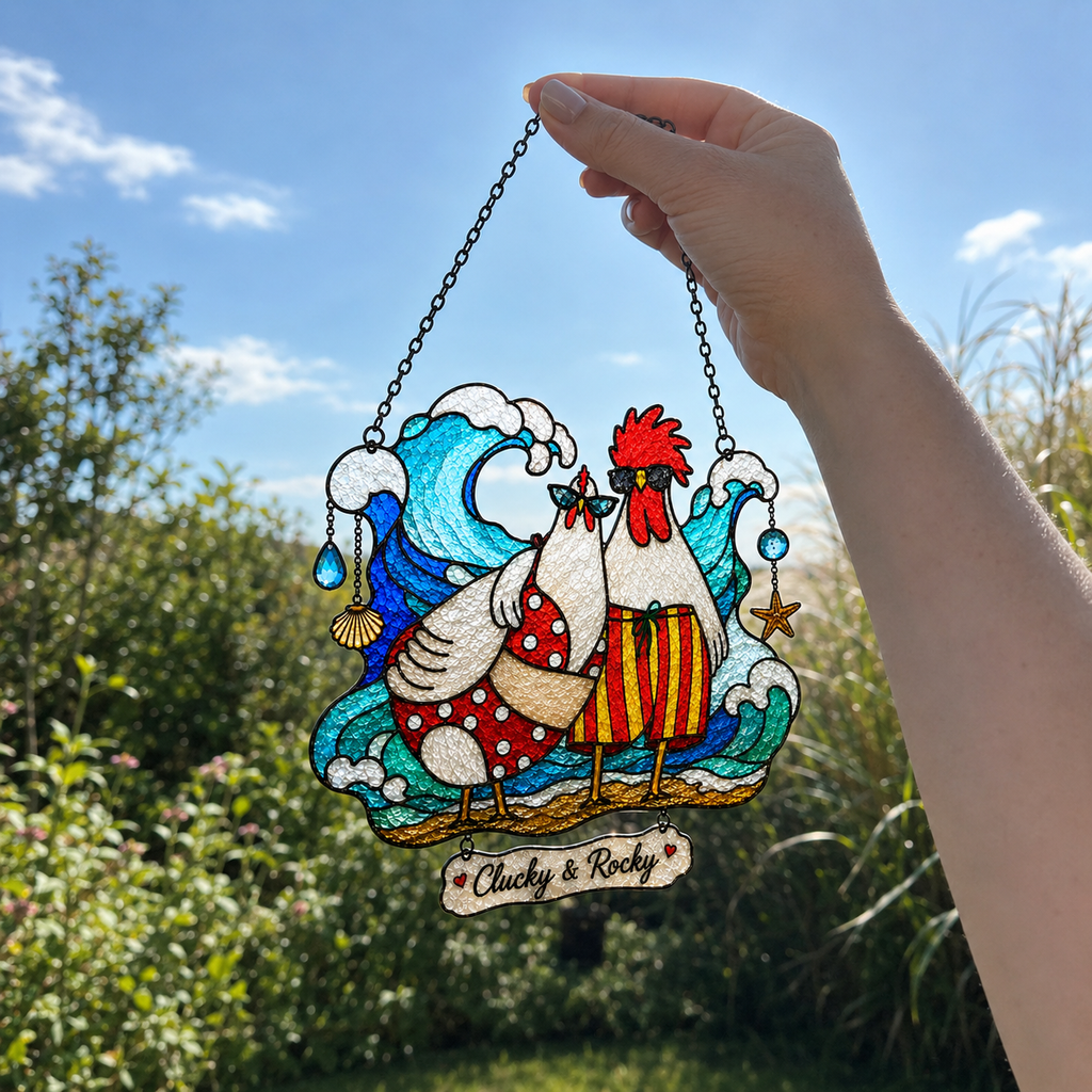 Personalized Beach Chicken Couple Holographic Acrylic Suncatcher
