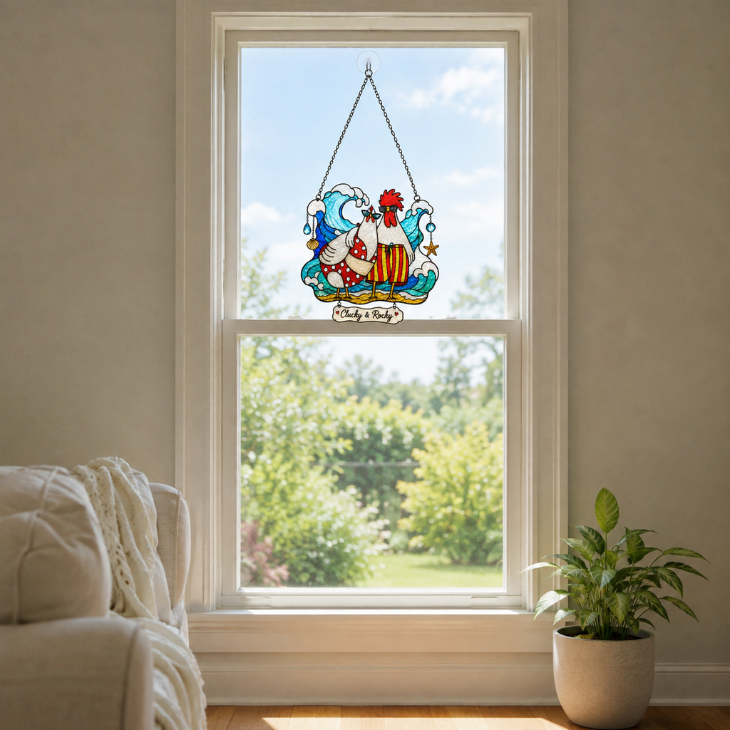 Personalized Beach Chicken Couple Holographic Acrylic Suncatcher