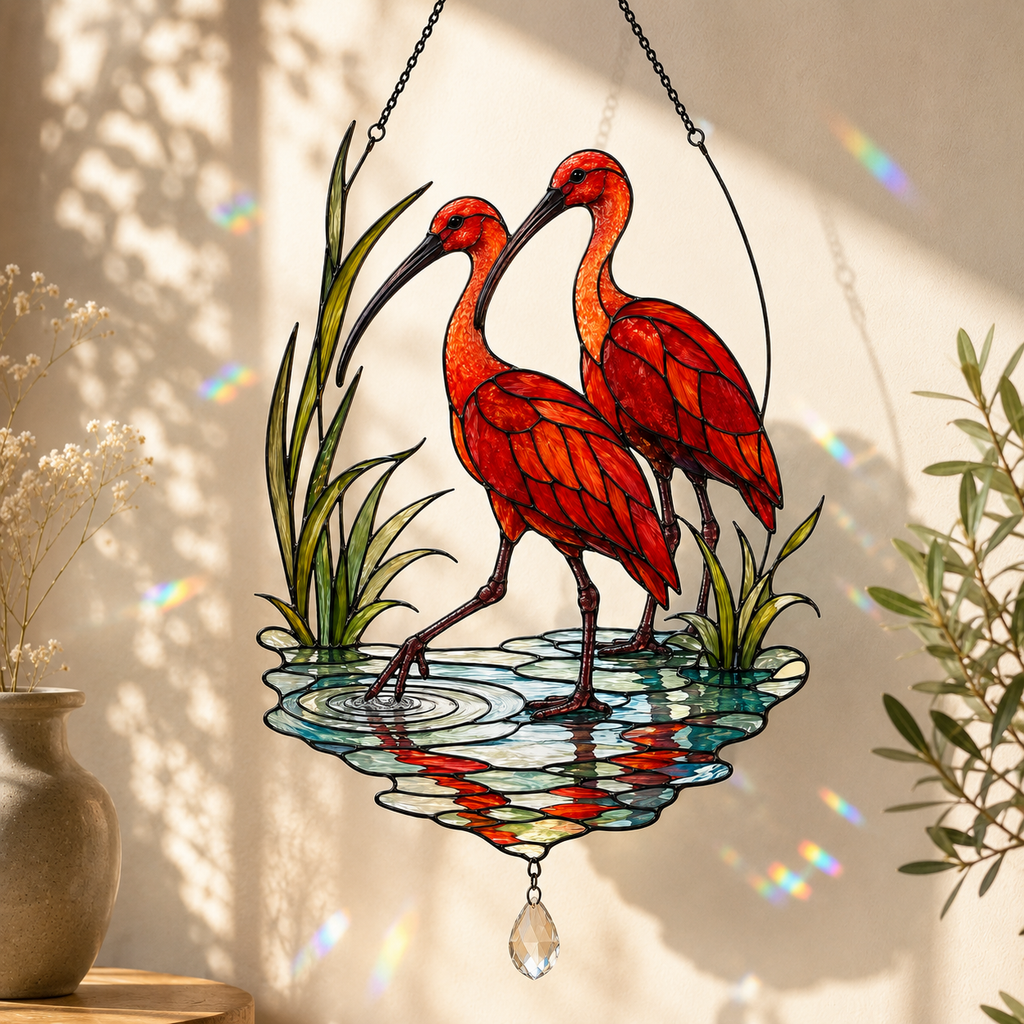 Scarlet Ibis Pair Holographic Acrylic Suncatcher