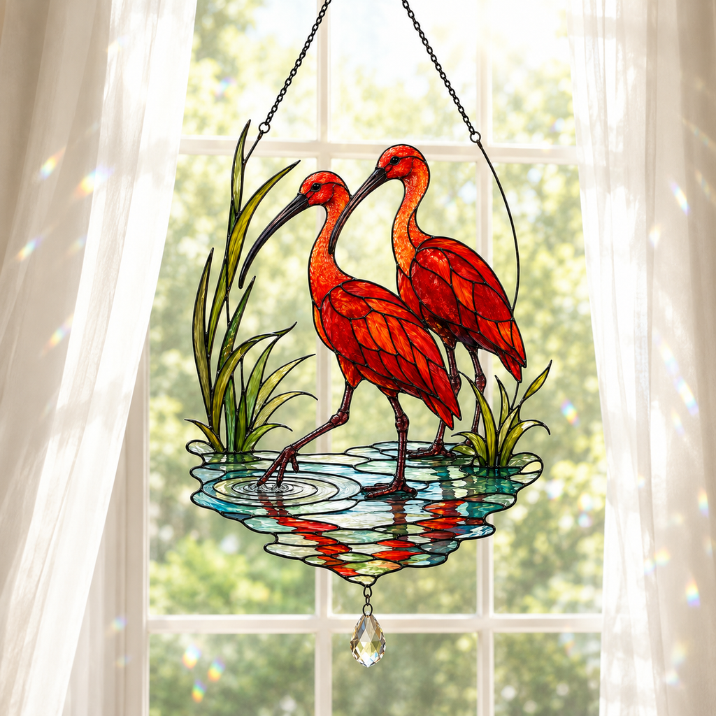 Scarlet Ibis Pair Holographic Acrylic Suncatcher