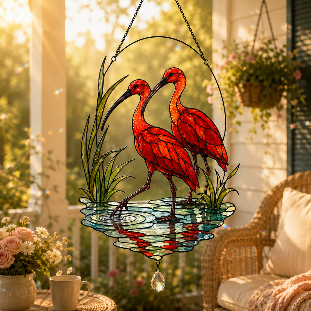 Scarlet Ibis Pair Holographic Acrylic Suncatcher