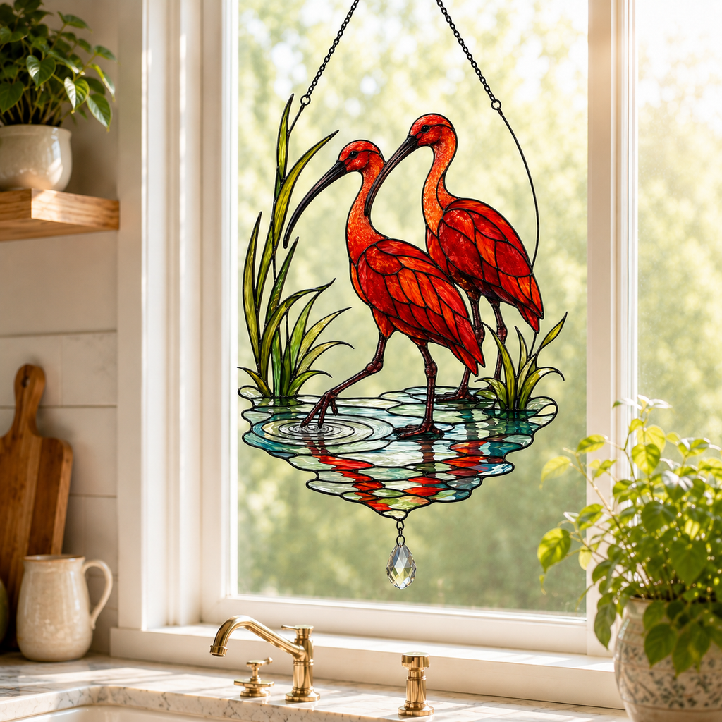 Scarlet Ibis Pair Holographic Acrylic Suncatcher
