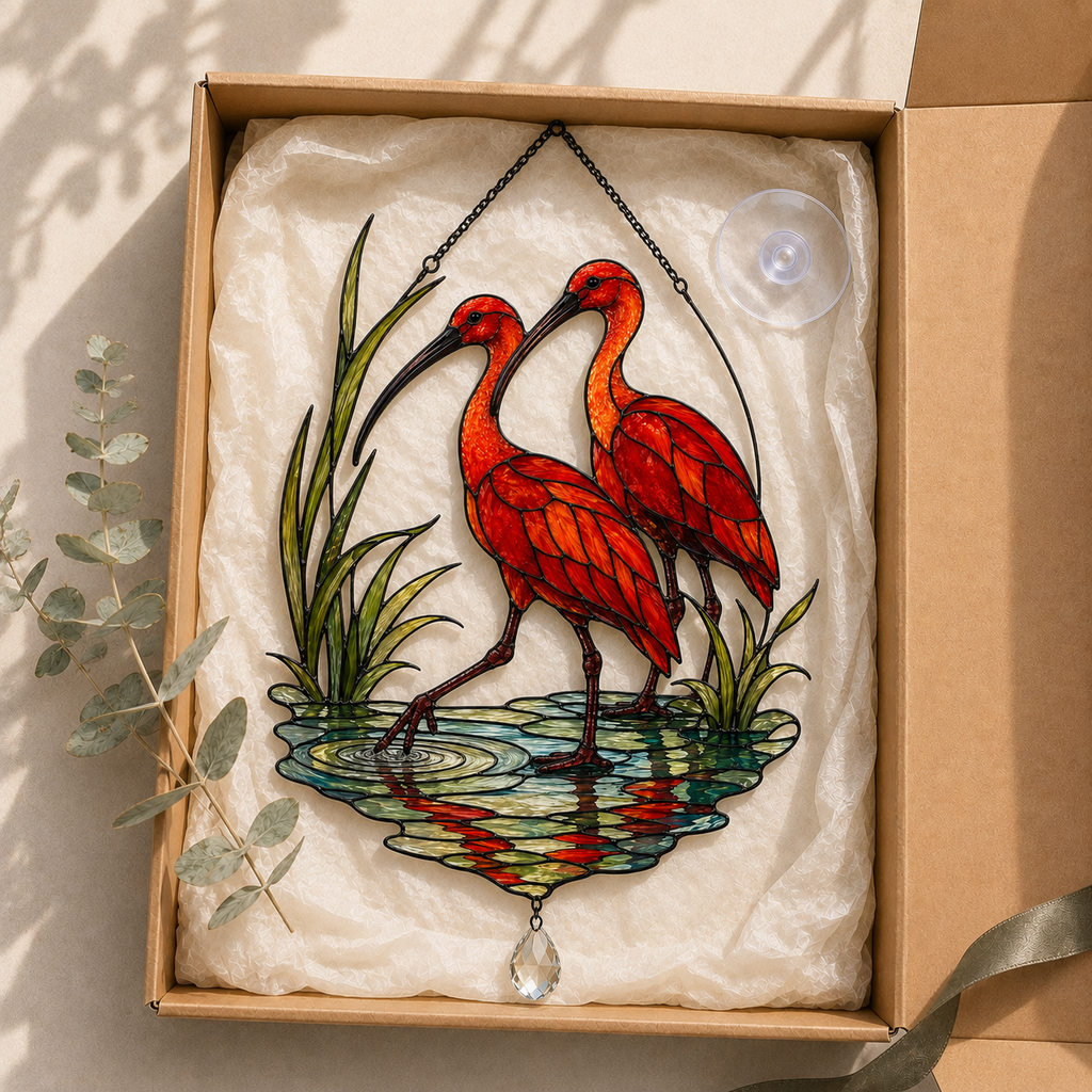 Scarlet Ibis Pair Holographic Acrylic Suncatcher