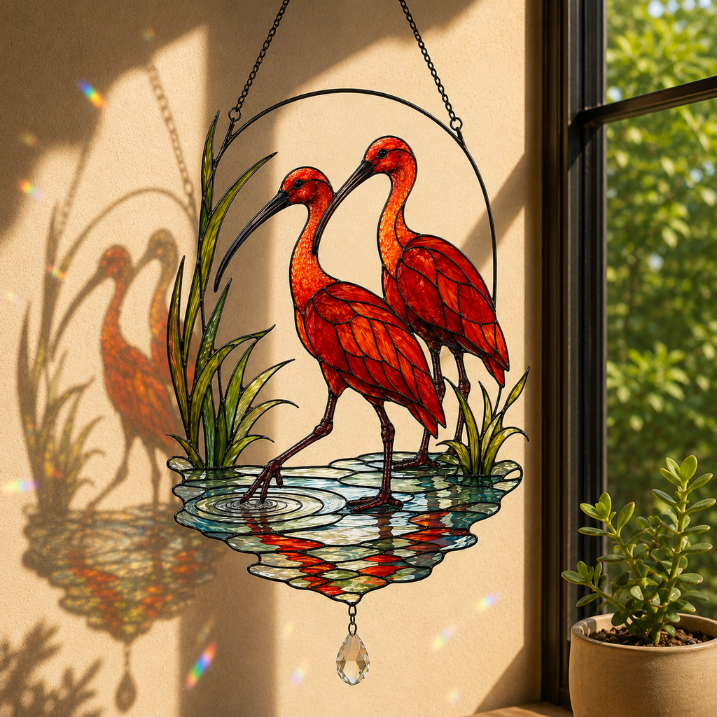 Scarlet Ibis Pair Holographic Acrylic Suncatcher