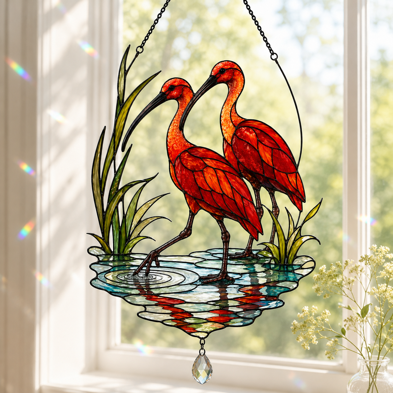 Scarlet Ibis Pair Holographic Acrylic Suncatcher