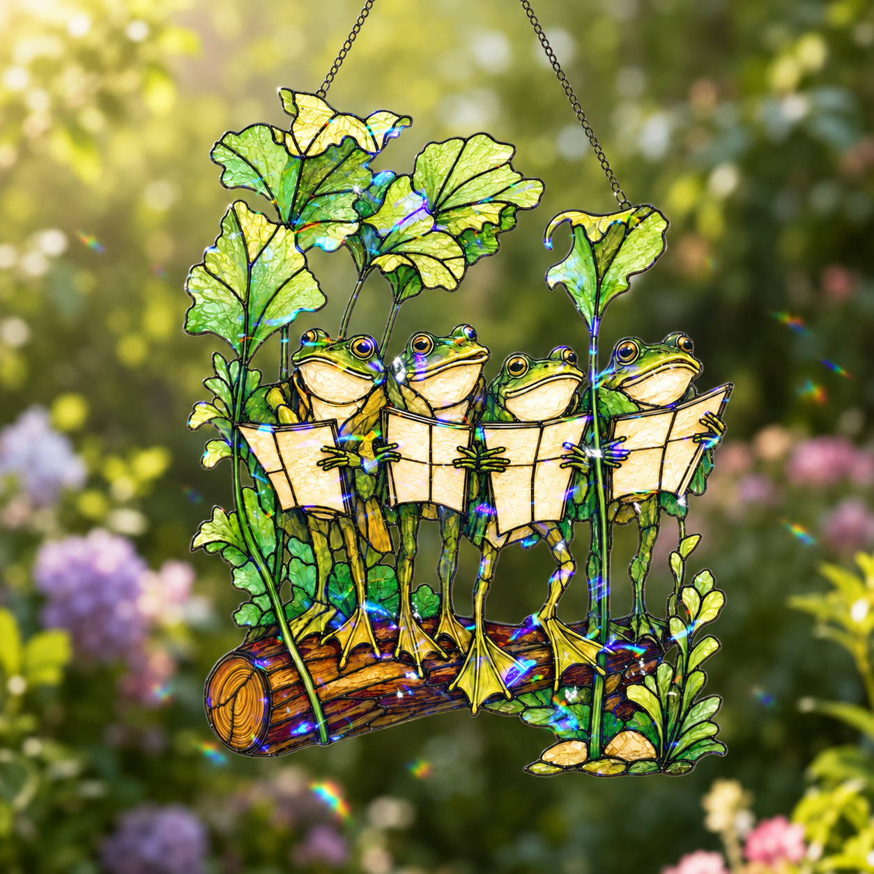 Four Frogs Reading Books on a Log Holographic Acrylic Suncatcher