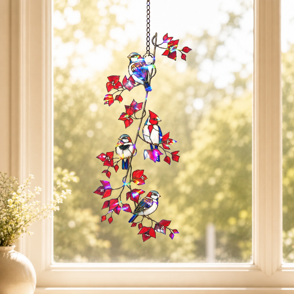 Sparrows & Cardinal on Red Leaf Vine Holographic Acrylic Suncatcher