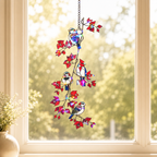Sparrows & Cardinal on Red Leaf Vine Holographic Acrylic Suncatcher