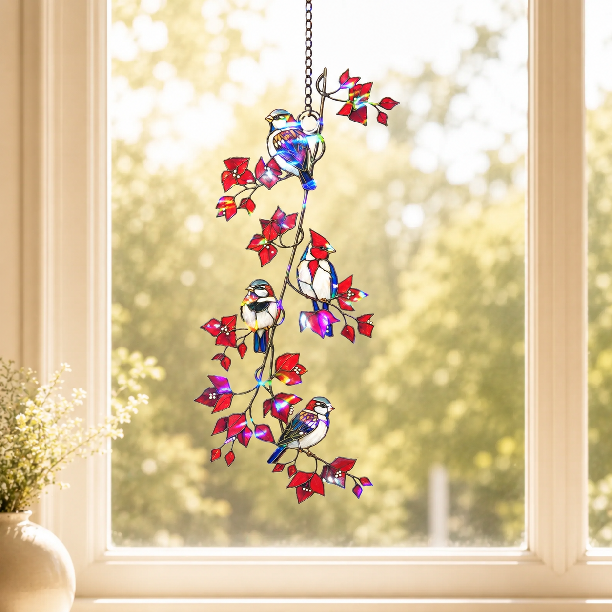 Sparrows & Cardinal on Red Leaf Vine Holographic Acrylic Suncatcher