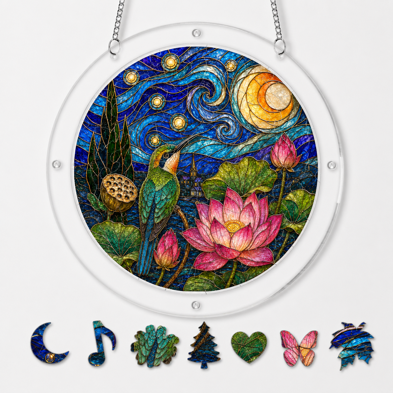 Starry Night Hummingbird & Lotus Acrylic Puzzle Suncatcher