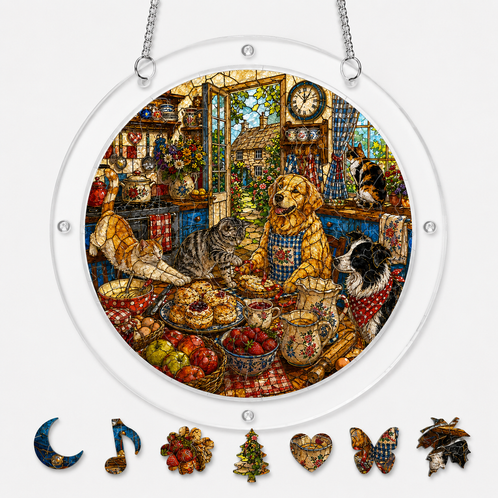 Cozy Dog & Cat Acrylic Puzzle Suncatcher