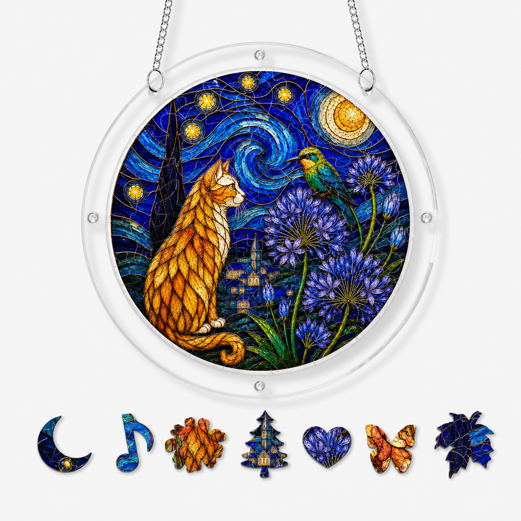 Starry Night Cat Acrylic Puzzle Suncatcher