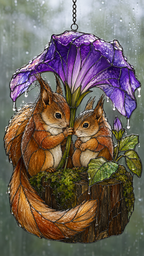 Squirrel Couple & Morning Glory Umbrella Holographic Acrylic Suncatcher