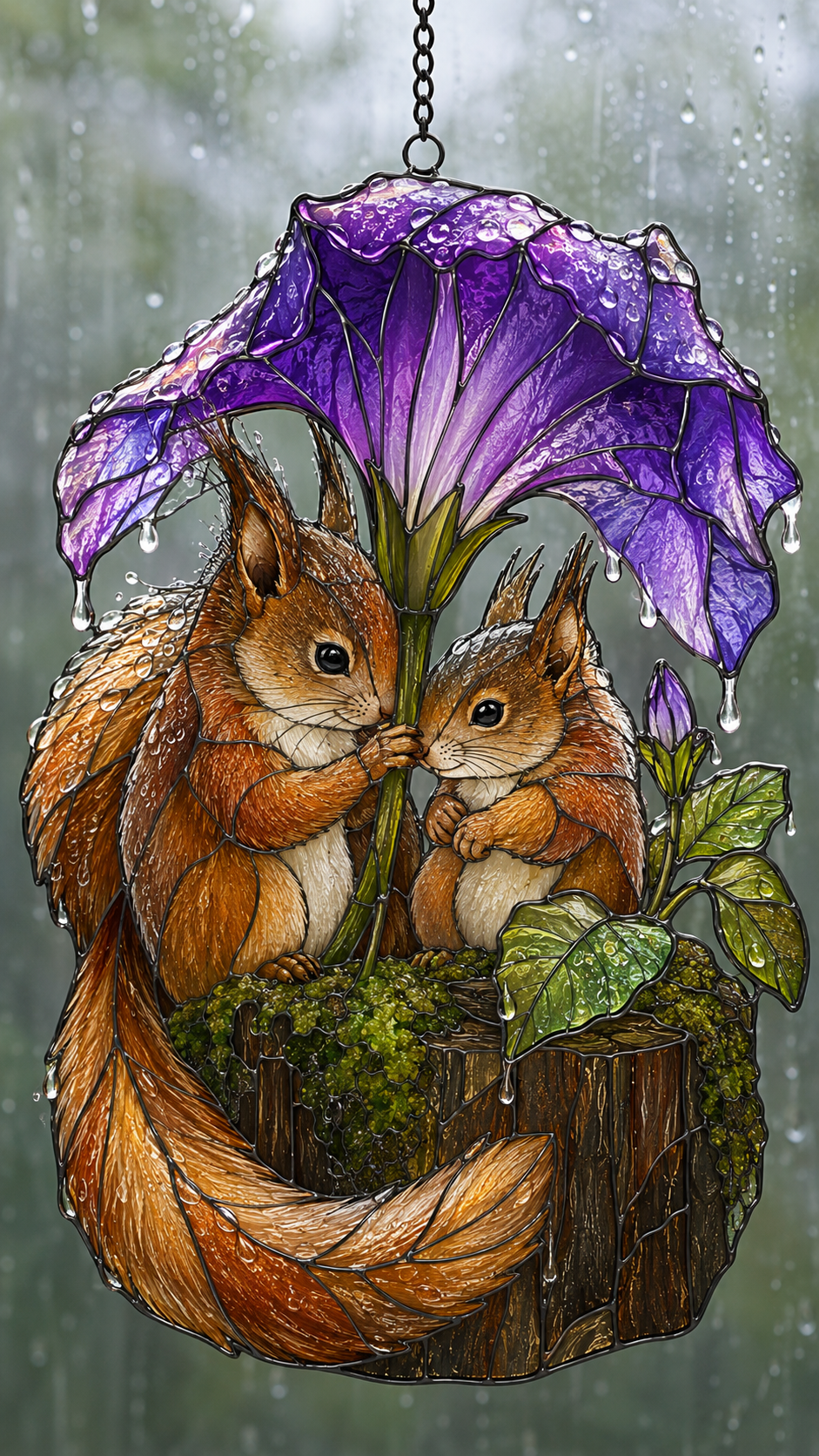 Squirrel Couple & Morning Glory Umbrella Holographic Acrylic Suncatcher
