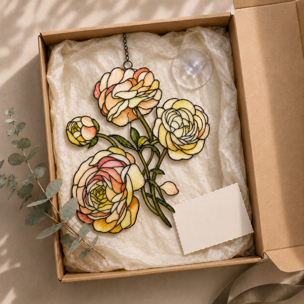 Peach Ranunculus Flower Holographic Acrylic Suncatcher