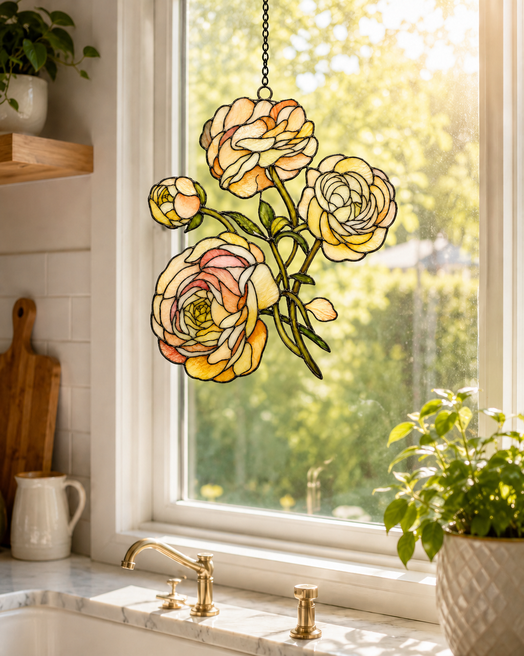 Peach Ranunculus Flower Holographic Acrylic Suncatcher